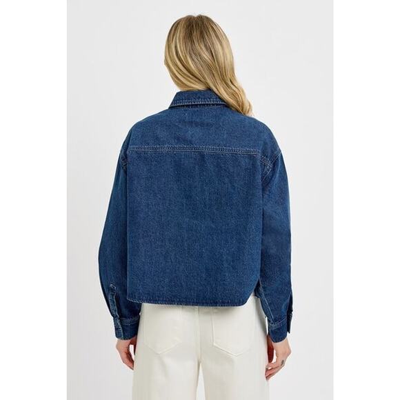 RISEN Hidden Button Up Long Sleeves Chest Pocket Dark Wash Denim Shacket - Picture 3 of 5